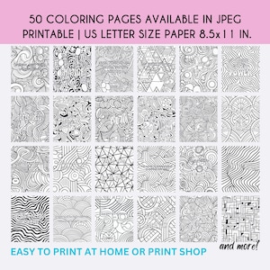 Puede incluir: Cincuenta páginas para colorear en blanco y negro con patrones geométricos abstractos y diseños. Las páginas son imprimibles y están diseñadas para papel tamaño carta de EE. UU., 8,5 x 11 pulgadas.