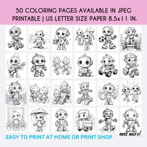 50 Robots Coloring Pages, Holidays Coloring Book, Coloring Sheet, Kids Coloring Book, Kids Travel Activity, Coloring Pages for Kids