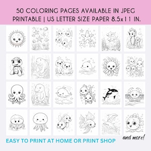 Puede incluir: 50 páginas para colorear en blanco y negro con lindas criaturas marinas, incluyendo una tortuga, un pulpo, una estrella de mar, un delfín y mucho más. Las páginas están diseñadas para papel de tamaño carta de EE. UU. (8,5 x 11 pulgadas).