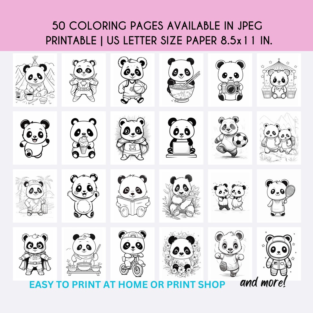 50 Panda Coloring Pages, Pandas Coloring Book, Coloring Sheet, Panda