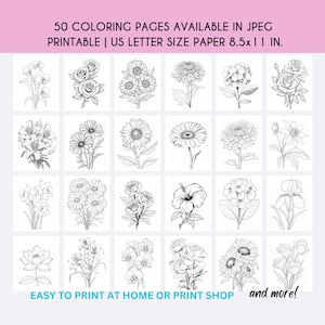 50 Flowers Coloring Pages, Adult Coloring Book, Coloring Sheet, Flower Coloring Pages, Large Print Coloring Book, Senior Coloring Pages