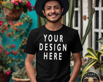 Gildan 5000 Black Mockup, Cinco de Mayo Latino Mockup, Latin Male Model Mockup, G5000 Boho Tee Shirt Mexican Boy Mockup, Outdoor Tshirt Mock