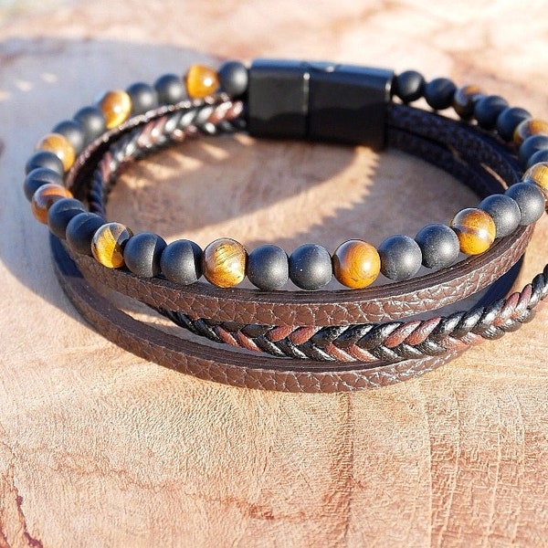 Bracelet homme cuir et pierres naturelles d'oeil de tigre & onyx