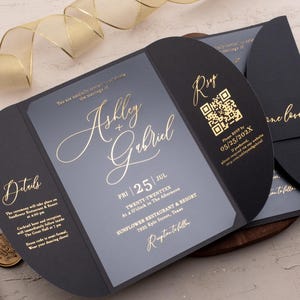 Black Wedding Invite Gatefold Acrylic Design with Gold Foil RSVP Suite
