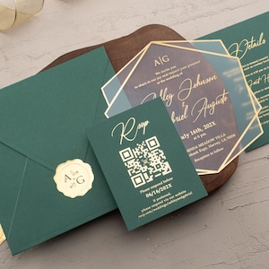 Emerald Green Wedding Invitation, Acrylic Wedding Invitation, Gold Foil Invite, Luxury Green and Gold Invitation, QR Code Rsvp Card