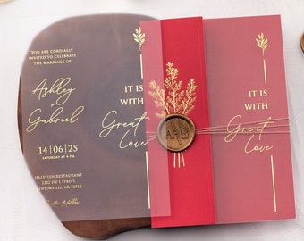 Red and Gold Foil Acrylic Wedding Invitations with Folded Envelope, Gold Foil Printed Invite, Custom Wax & Seal