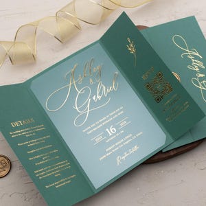 Emerald Green Acrylic Wedding Invitation | Luxury Foil Print Invite | Folded Emerald Green Jacket with QR Code RSVP | Wedding Invite Set