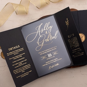 Black and Gold Foil Acrylic Wedding Invitation Set: Elegant & Modern