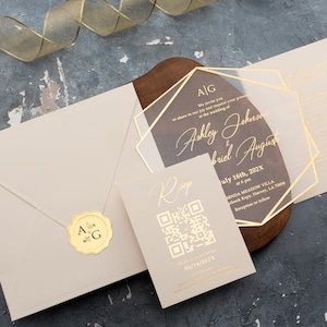 Ivory Acrylic Wedding Invitation Set: Gold Foil Hexagon, Monogram Seal