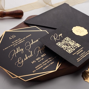 Black Acrylic Wedding Invitation with Gold Foil: Modern Elegant Personalized Invite