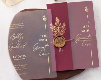 Custom Wax & Seal Burgundy-Gold Foil Acrylic Wedding Invitations with Folded Envelope for a Touch of Elegance