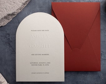 Minimalist Arch Wedding Invitations & Letterpress Invite with Terracotta Envelope