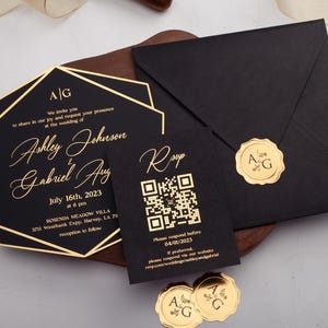 Black Acrylic Wedding Invitation Suite with Gold Foil RSVP Card