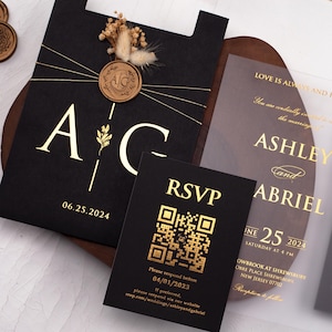 Black Gold Wedding Acrylic Invitation, Luxury Clear Wedding Card with Gold Foil, Elegant Pocket Wedding Card with RSVP