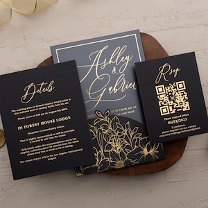 Black Gold Wedding Invitation | Acrylic Invitations with Gold Foil Printing | Luxury Wedding Cards | Pocket Invite Set | Black Tie Acrylic