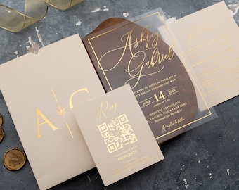 Ivory Matte Acrylic Wedding Invite Gold Foil Sleeve Envelope