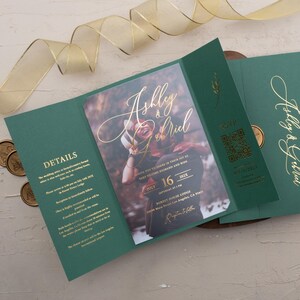 Emerald Green Acrylic Wedding Invitation with Gold Foil Folded Jacket, Matte Acrylic Suite with RSVP Details Timeline Flaps