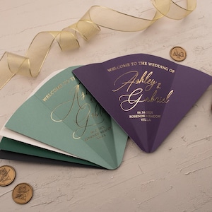 Personalized Wedding Fan Program Cards with Gold Foil, Welcome, Ceremony