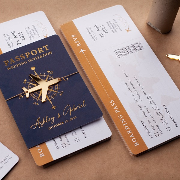 Navy Blue & Gold Foil Pass Hochzeitseinladung: Boarding Pass Style für die Hochzeit am Zielort