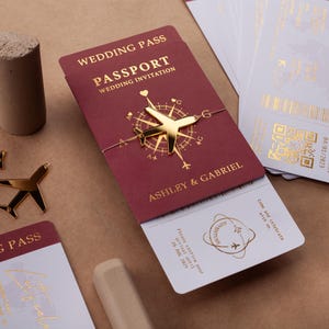 Passport Wedding Invitation, Gold Foil Boarding Pass Invite, Burgundy Wedding Pass, Destination Wedding Travel Theme, Passport-Style Invite