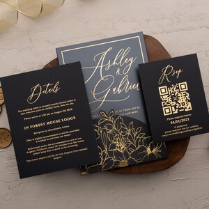 Black Gold Foil Wedding Invitation Set with QR RSVP & Acrylic Card