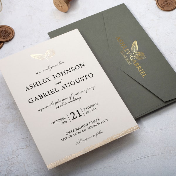 Khaki Green Wedding Invitation Set, Minimalist Design with Gold Foil Accents, Stylish Ivory and Green Wedding Ensemble