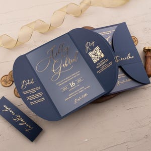 Navy Blue Gold Foil Acrylic Wedding Invitation, Luxury Folded Wedding Invite, Elegant Formal Invitation, Custom Foil Print, Gatefold Invites
