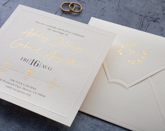 Gold Foil Printed Ivory Wedding Invitation Set, Premium Paper Cards