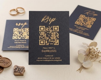 Tarjeta RSVP con código QR para invitación de boda, inserto de papelería de boda a juego, tarjeta RSVP moderna con código QR, información de respuesta personalizada