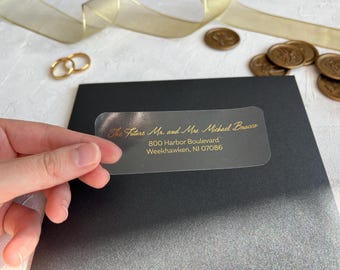 Etiquetas de dirección transparentes para invitaciones de boda, pegatinas de dirección impresas en papel de aluminio, lámina dorada, plateada o negra, etiquetas de sobre a juego.