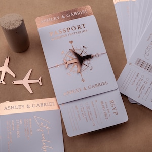 Elegant Rose Gold Passport & Boarding Pass Wedding Invitation Set, White Travel Themed Invite, Destination Wedding Invitations Suite