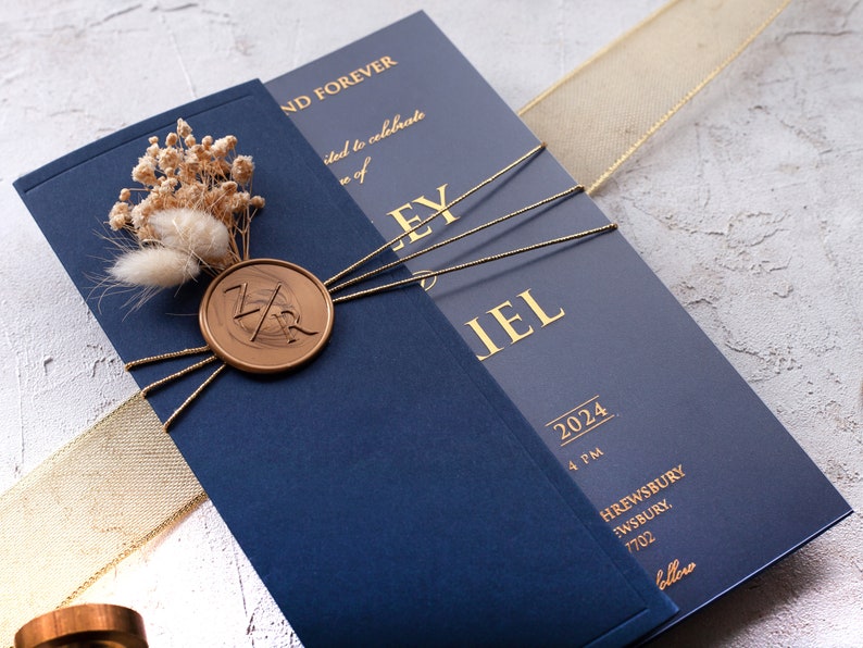 Navy Blue and Gold Wedding Invitation Box, Gold Foil Acrylic Invite
