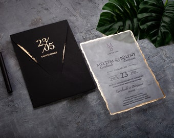 Black & Gold Acrylic Wedding Invitation, Deckled Edge Invite, Unique Transparent Reception Card, Luxury Wedding Elegance