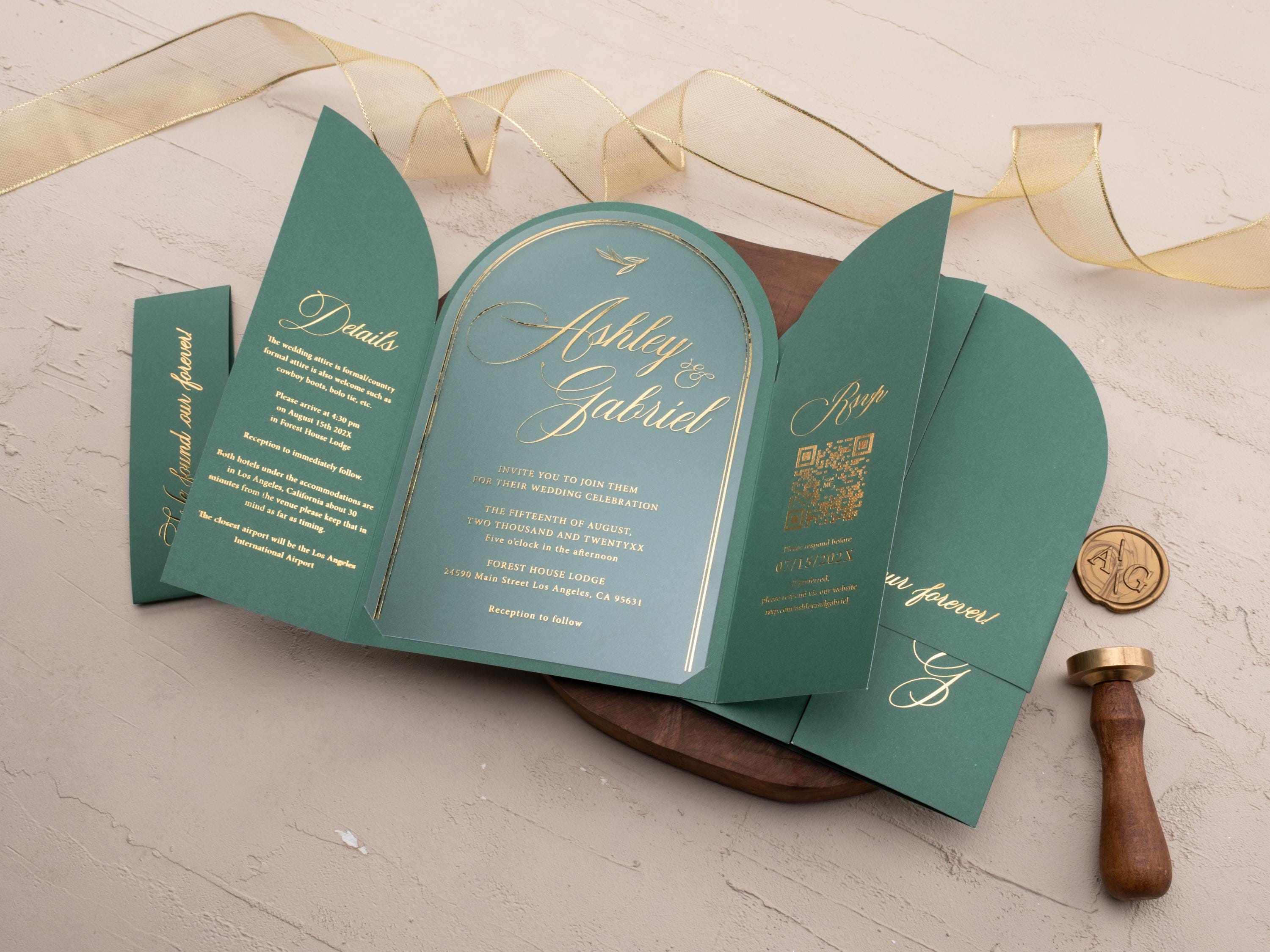 Elegant Emerald Green and Gold Wedding Invitation | Gatefold Acrylic ...