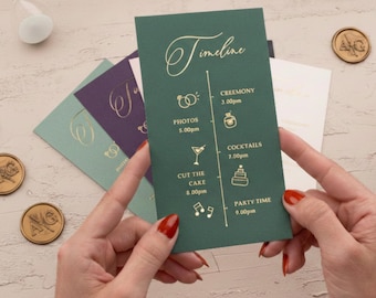 Tarjetas de cronograma de boda con impresión metalizada, inserto de cronograma de programa de 5x7 pulgadas, papel premium de 300 g/m², oro, plata y oro rosa, juego a juego.