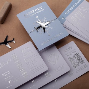 Blaue silberne Folie Pass-Hochzeitseinladungs-Set, Bordkarte-Reise einladen, Zielhochzeits-Reihe, einzigartiges Abenteuer-Thema