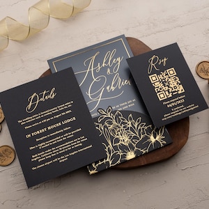Wedding Invite Set & Black Gold Suite: Acrylic Invitation, Jacket, Qr Code Rsvp Card