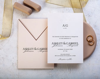 Blush Pink Wedding Invitation with Elegant Embossed Dandelion Design - Minimalist and Gold Accents