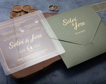 Sage Green and Gold Foil Acrylic Wedding Invitation Set