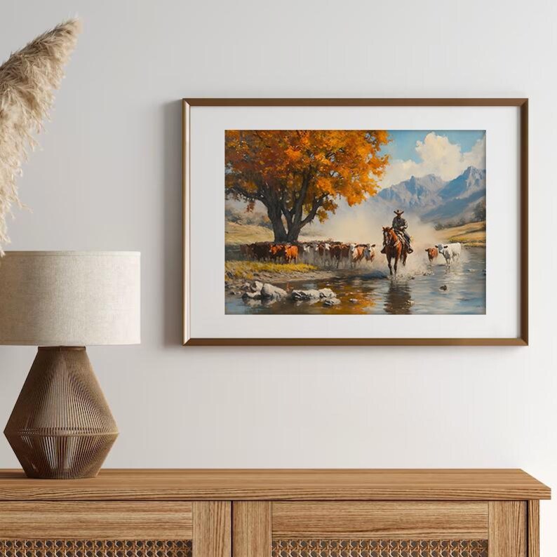 Wild West vintage-style oil painting digital print of cowboy and cattle drive in a stunning Southwestern landscape this art is perfect for rustic ranch vibes, farmhouse wall decor and cowboycore enthusiasts. Bring timeless Western charm to your space