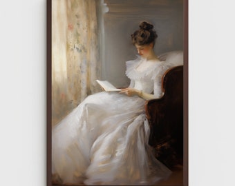 Woman Reading a Book Painting | Portrait Print | Antique Wall Deco | PRINTABLE Digital Download