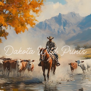 Cowboy leading a cattle drive. Featuring a stunning Southwestern landscape, it’s a perfect addition to farmhouse wall decor, rustic ranch prints, or Southwest-themed interiors. Great for lovers of cowboycore and frontier-inspired designs.
