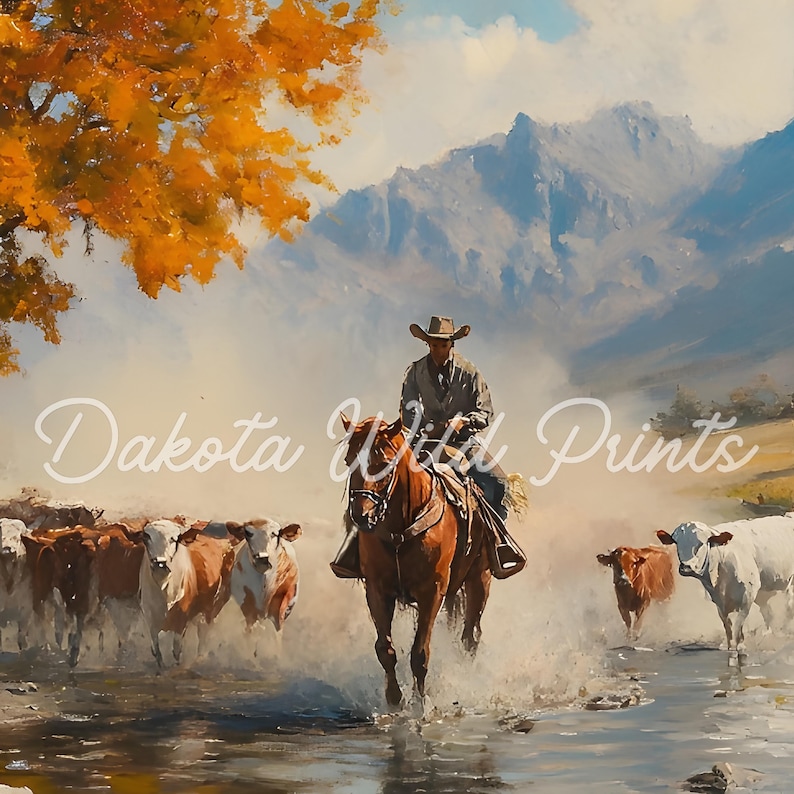 Cowboy leading a cattle drive. Featuring a stunning Southwestern landscape, it’s a perfect addition to farmhouse wall decor, rustic ranch prints, or Southwest-themed interiors. Great for lovers of cowboycore and frontier-inspired designs.