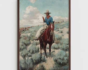 Antique Cowboy Painting | Vintage Wall Art | Mid Century Decor | Cowboy Oil Painting | Antique Oil Painting | PRINTABLE Digital Download