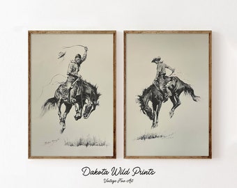 Western Cowboy Sketch PAIR | Vintage Wall Art | Mid Century Decor | Cowboy Painting | Antique Painting| PRINTABLE Digital Download |