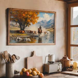 Cowboy and cattle drive evokes the rugged beauty of the Southwest A perfect blend of vintage cowboycore and rustic charm, it’s ideal for farmhouse wall art American frontier enthusiasts or anyone looking to add wild west painting vibes to their decor
