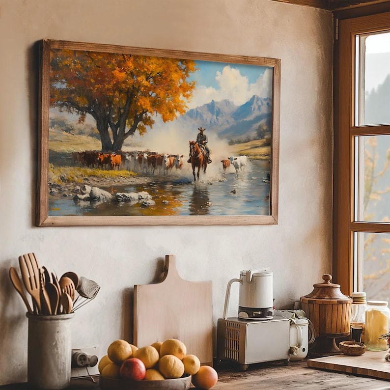 Cowboy and cattle drive evokes the rugged beauty of the Southwest A perfect blend of vintage cowboycore and rustic charm, it’s ideal for farmhouse wall art American frontier enthusiasts or anyone looking to add wild west painting vibes to their decor