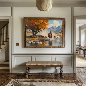 Digital oil painting of a cowboy and cattle drive. Perfect for old west aesthetics, rustic ranch prints, and farmhouse decor, this piece captures the essence of the frontier. Ideal for Western art collectors and lovers of Southwestern landscapes.