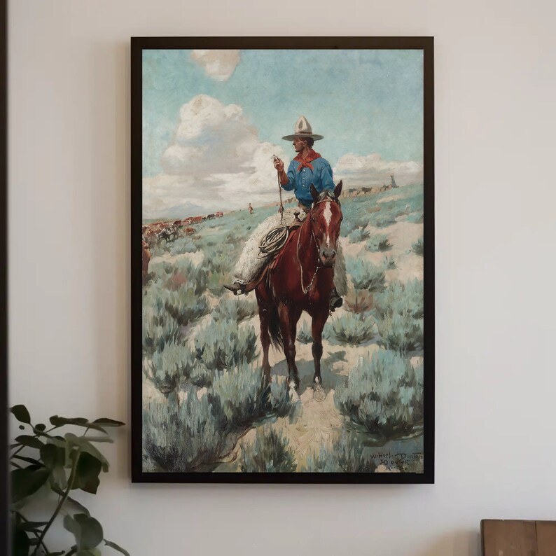 May include: A painting of a cowboy on horseback riding through a field of sagebrush. The cowboy is wearing a blue shirt, a white hat, and jeans. The horse is brown and has a white saddle. The sky is blue with white clouds.