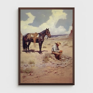 Western Cowboy Painting | Vintage Wall Art | Mid Century Decor | Cowboy Oil Painting | Antique Oil Painting| PRINTABLE Digital Download |